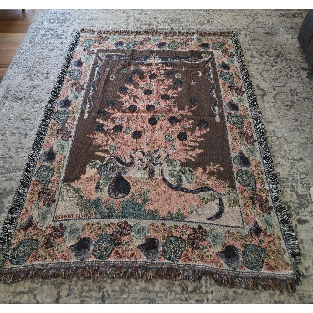Vicky Howard Christmas Tree Tapestry Throw Blanket Peace on Earth Woven Fringe